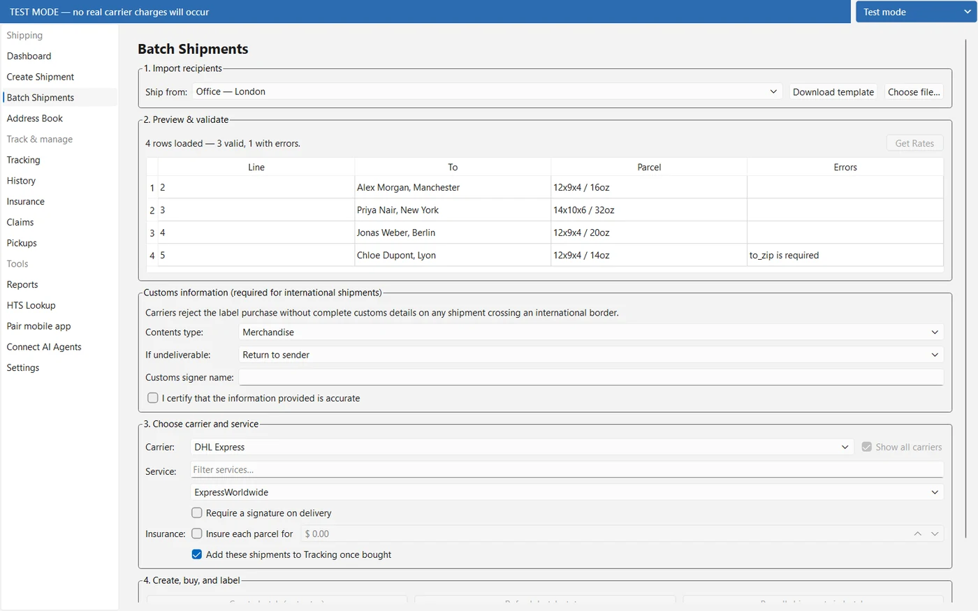 The batch shipping screen