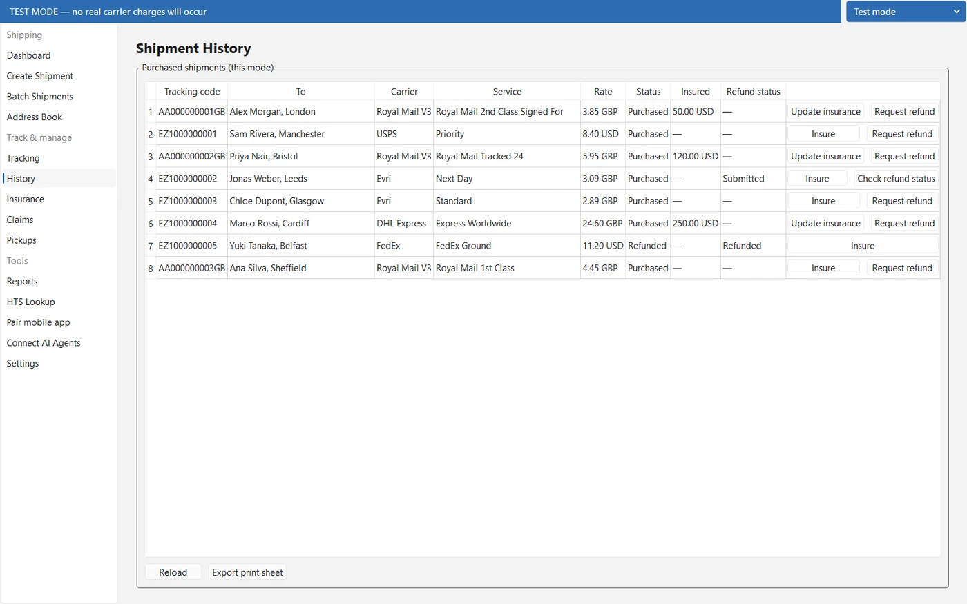 The label history screen
