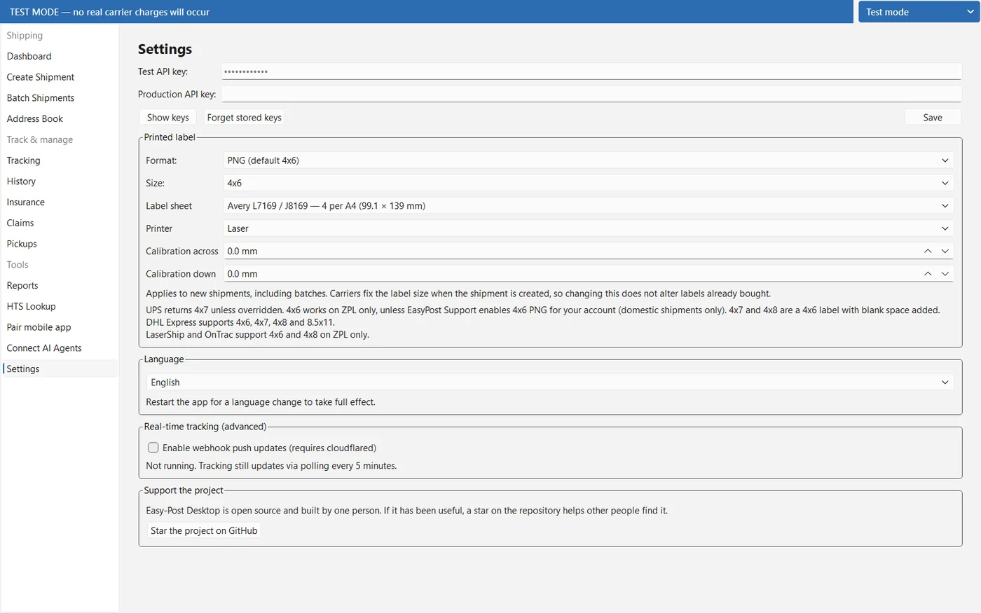 The settings screen